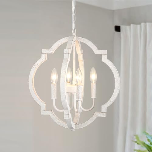 Rustic Farmhouse Chandelier 4 Light White Wood Chandelier Light Fixtures Ceiling Hanging Vintage Orb Farmhouse Pendant Light for Dining Room Living Room Kitchen Entryway Hallway