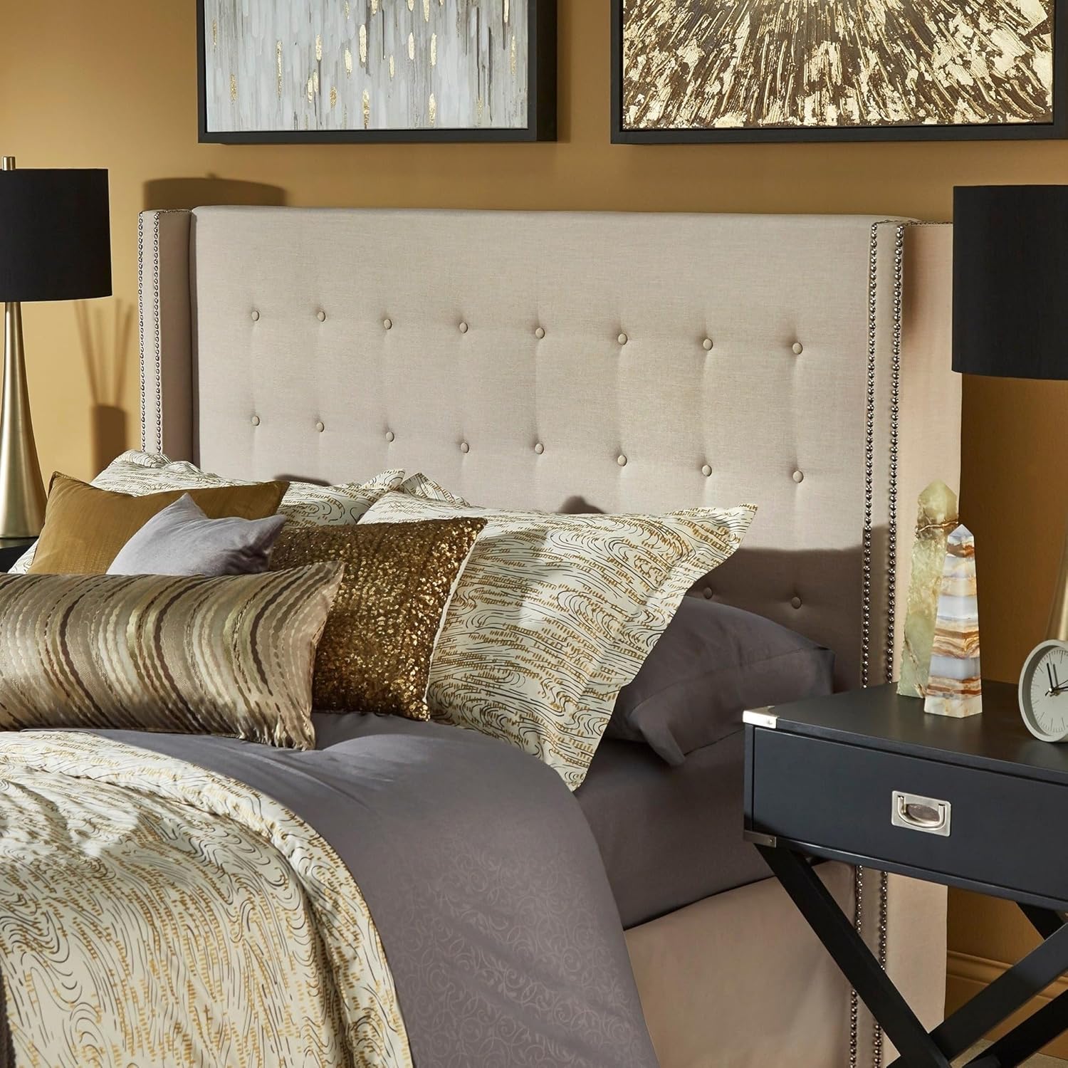 Inspire Q Marion Button-tufted Wingback adboard by Bold Queen Cream Linen Headboard Espresso Finish Queen