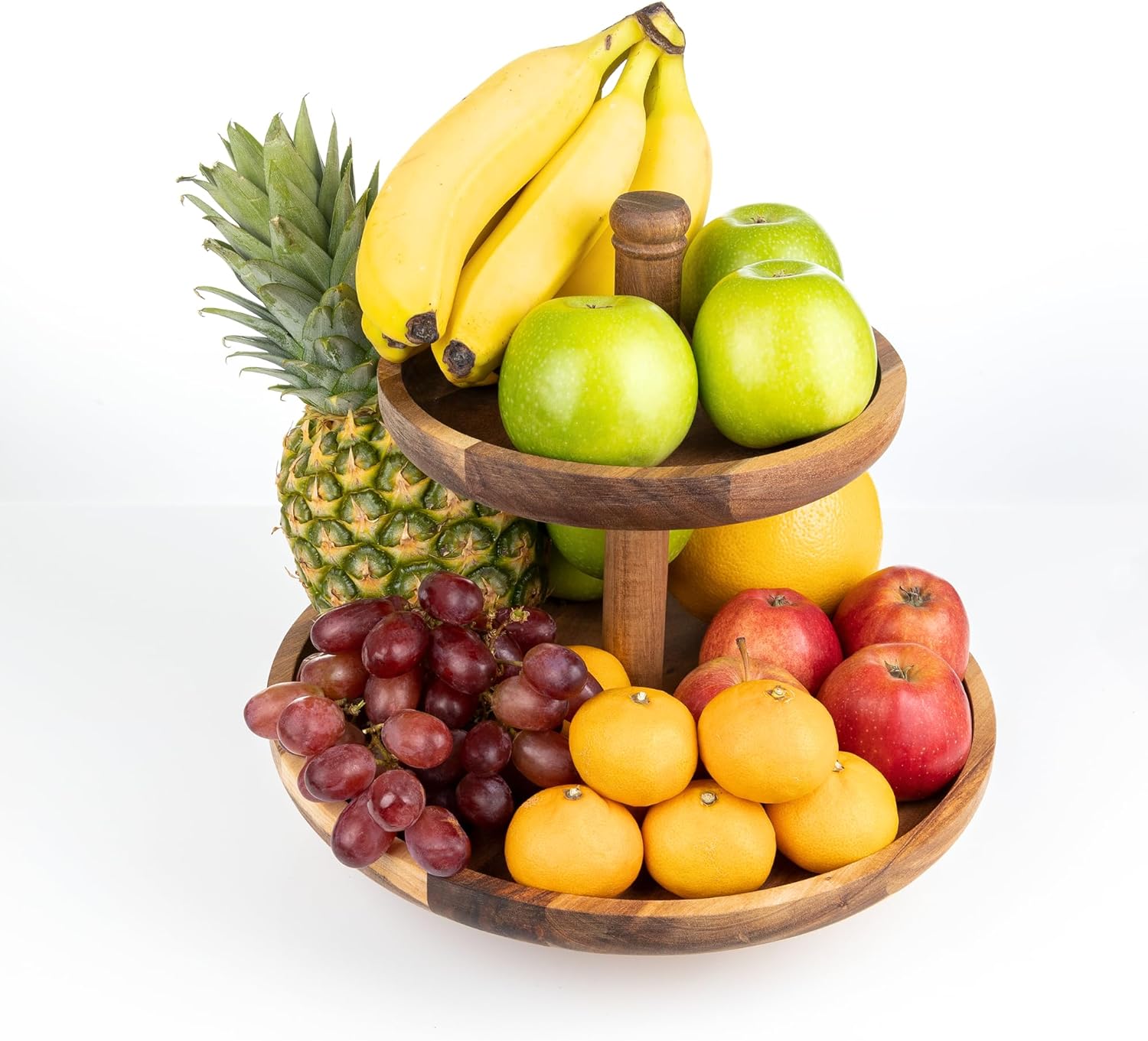 2 Tier Fruit Basket - Acacia Wood Fruit Stand for Kitchen Counter - Display Fruit Bowl Holder for Countertop Space Saving - Tall Fruit Stand Rack Ideal for Kitchen Organization