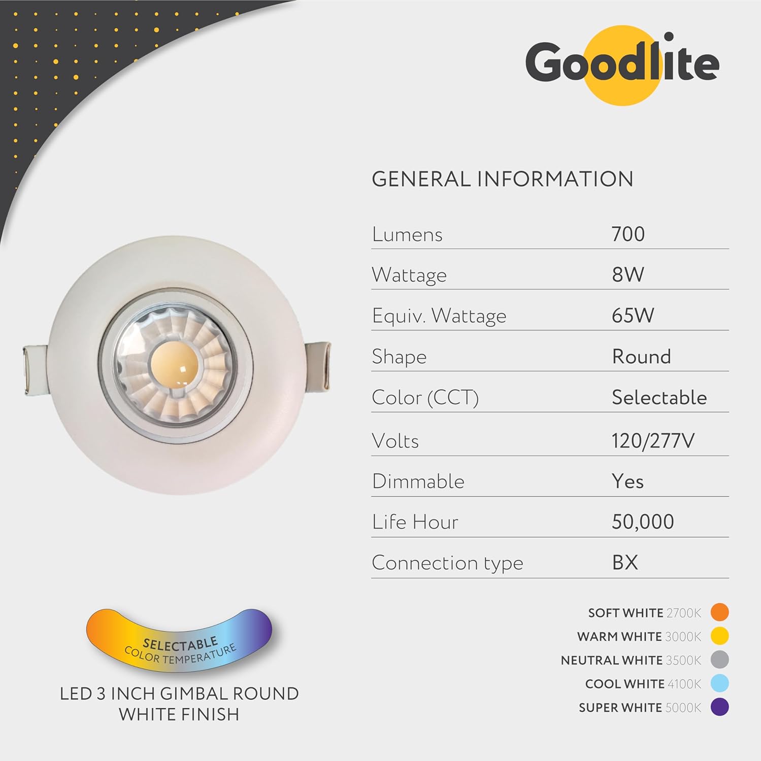 Goodlite G-19845 2.75 Inch LED Round Luminaire 8w 650 Lumens (75W Eqv) with Junction Box, 40° 360° Rotatable Eyeball and 30° Tilt, Warm White