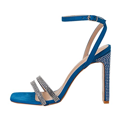 New Women Shoes Fashion Water Drill Word Buckle with High Heel Night Bar Sandals Womens Sandals Heels (Blue, 6.50)
