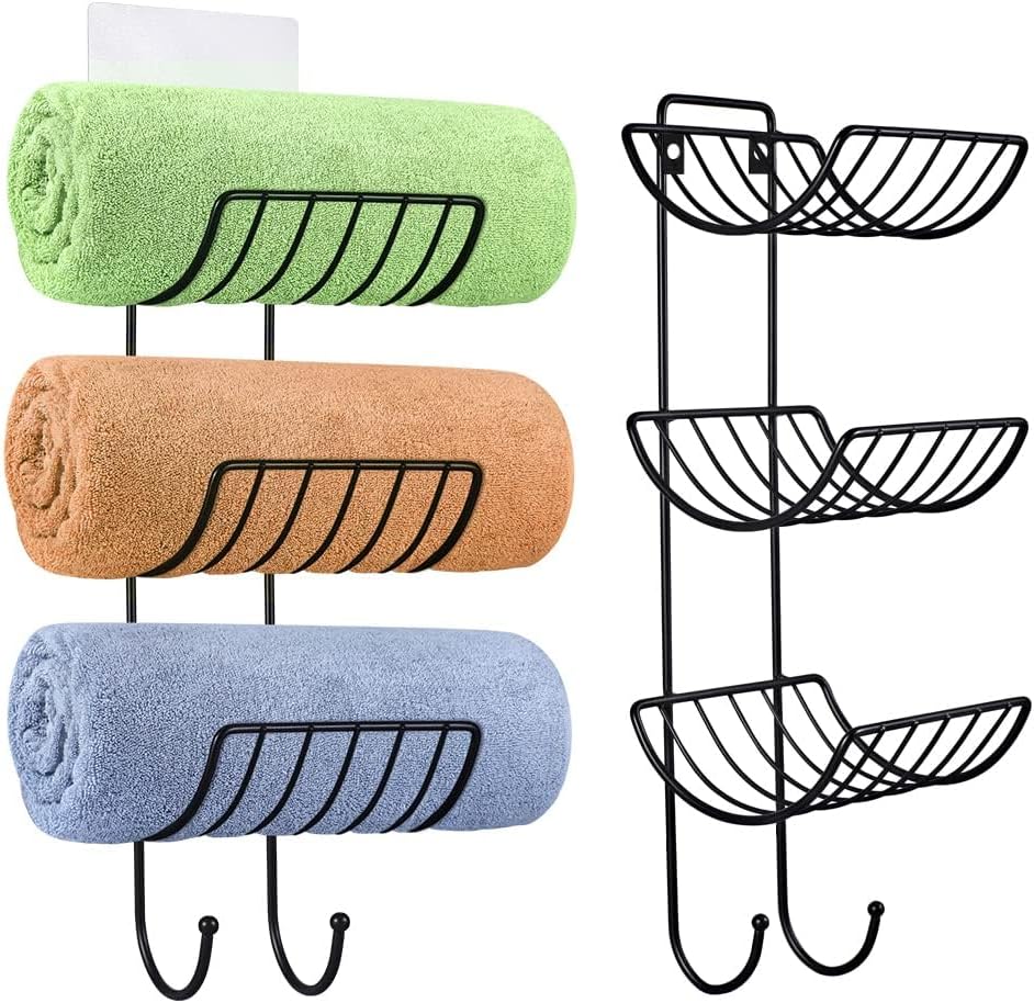 Towel Rack for Bathroom Wall Mounted, Adhesive Towel Holder with 2 Hooks for Towel Storage, Towel Organizer Wall Mount for Bath Wall, Black, 2 Pack