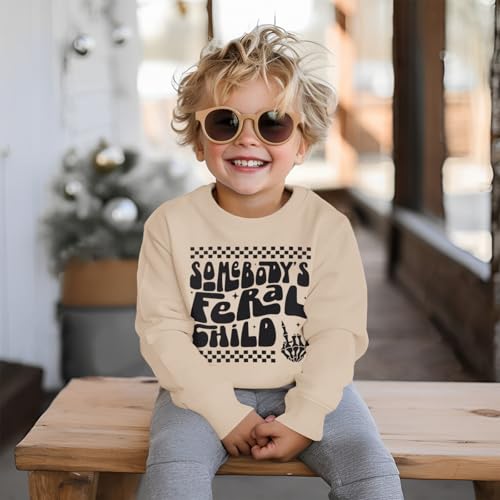 Toddler Halloween Sweatshirt Baby Boy Somebody's Feral Child Funny Skeleton Rock Hand Spooky Long Sleeve Shirt Tops