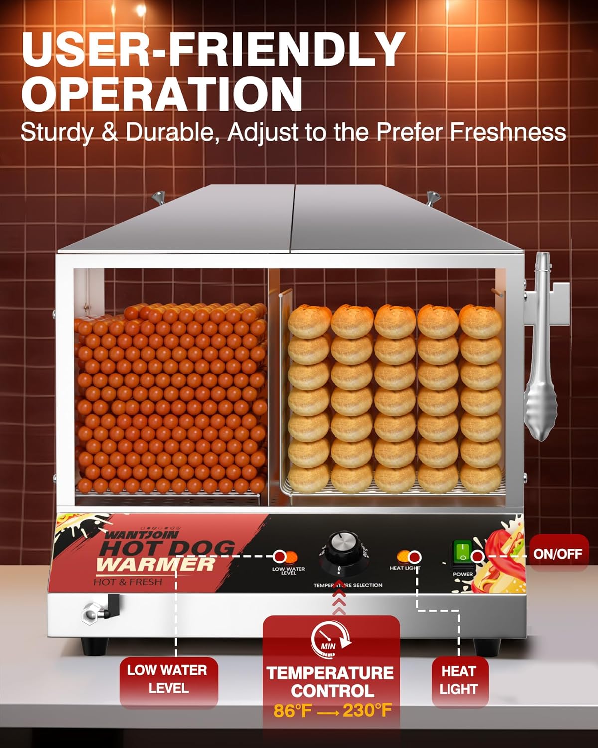 Hot Dog Steamer Machine, 36L/38QT Electric Hot Dog Steamer with Bun Warmer, Stainless Steel Hot Dog Cabinet with Tempered Glass for 110-125 Sausages & 40-45 Buns,1200W