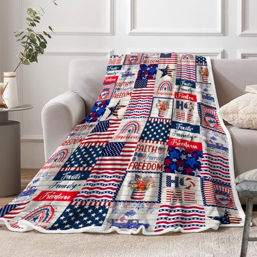 American Flag Independence Day Patriotic Blanket The USA Flag Patchwork Blanket Warm Comfor table Soft Red White Blue Gnome Blanket July 4Th Independence Day All Season 50