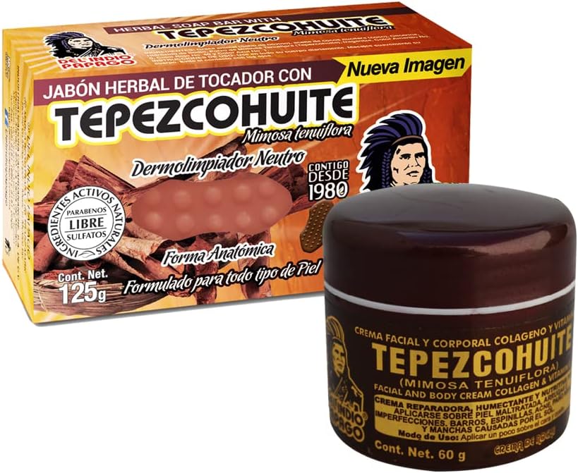 DEL INDIO PAPAGO Tepezcohuite Night Facial Skin Cream 60g / 2.02 Fl Oz + Neutral Soap with Tepezcohuite 125g - Mexican Beauty - For All Skin Types - Nourishes - Softens - Paraben Free - Bundle