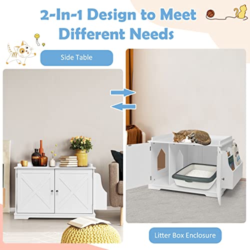 Tangkula Cat Litter Box Enclosure, Wooden Cat House Side Table w/Removable Divider, Reversible Entrance, Magazine Rack, Large Nightstand Pet House, Hidden Cat Washroom, Litter Box Furniture (White)