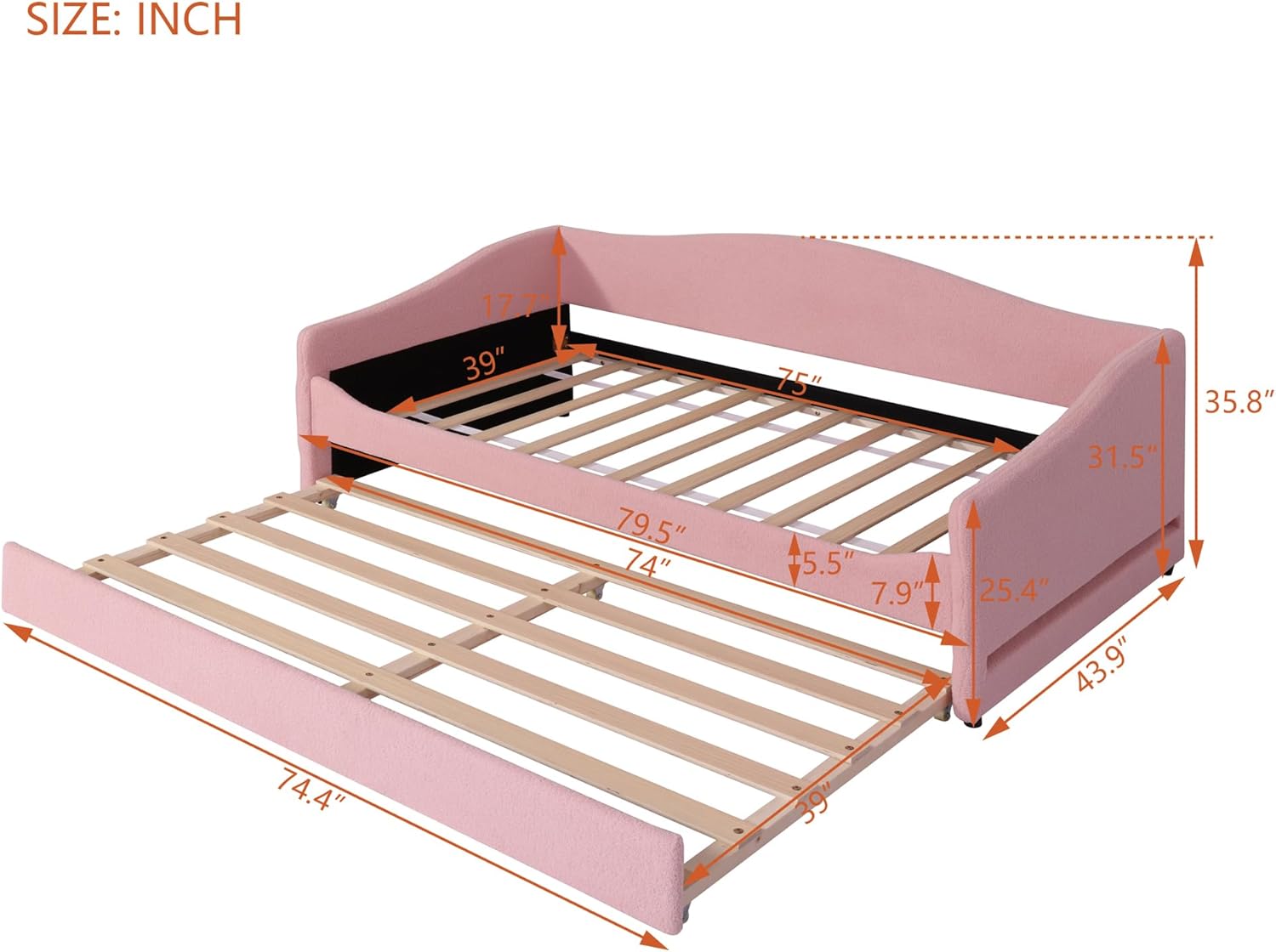 Bellemave Twin Daybed with Trundle, Twin Bed Frame with Light, Trundle Bed, Sofa Bed fram, No Box Spring Needed, Teddy Fleece Bed, Pink