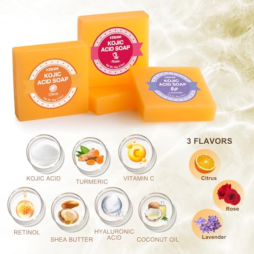 Kojic Acid Soap, 3 Fragrances Turmeric Soap Bar, Dark Spot Remover for Face and Body, Contains Vitamin C, Hyaluronic Acid, Shea Butter, Even Tone Skin, with Wooden Soap Rack- 4 Pack