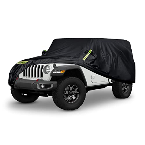 Waterproof Car Covers Replace for 2007-2022 Jeep Wrangler 4 Door, 6 Layers All Weather Custom-fit Car Cover with Zipper Door & Windproof Strap for Snow Rain Dust Hail Protection