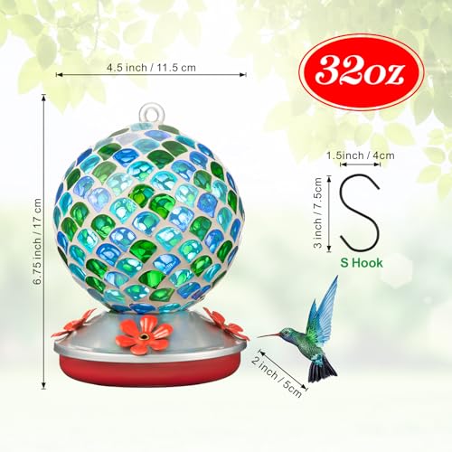 Backyard Expressions Glass Hummingbird Feeder - Blue/Green - Hummingbird Feeders for Outdoors Hanging, Hand Blown Glass Hummingbird Feeder