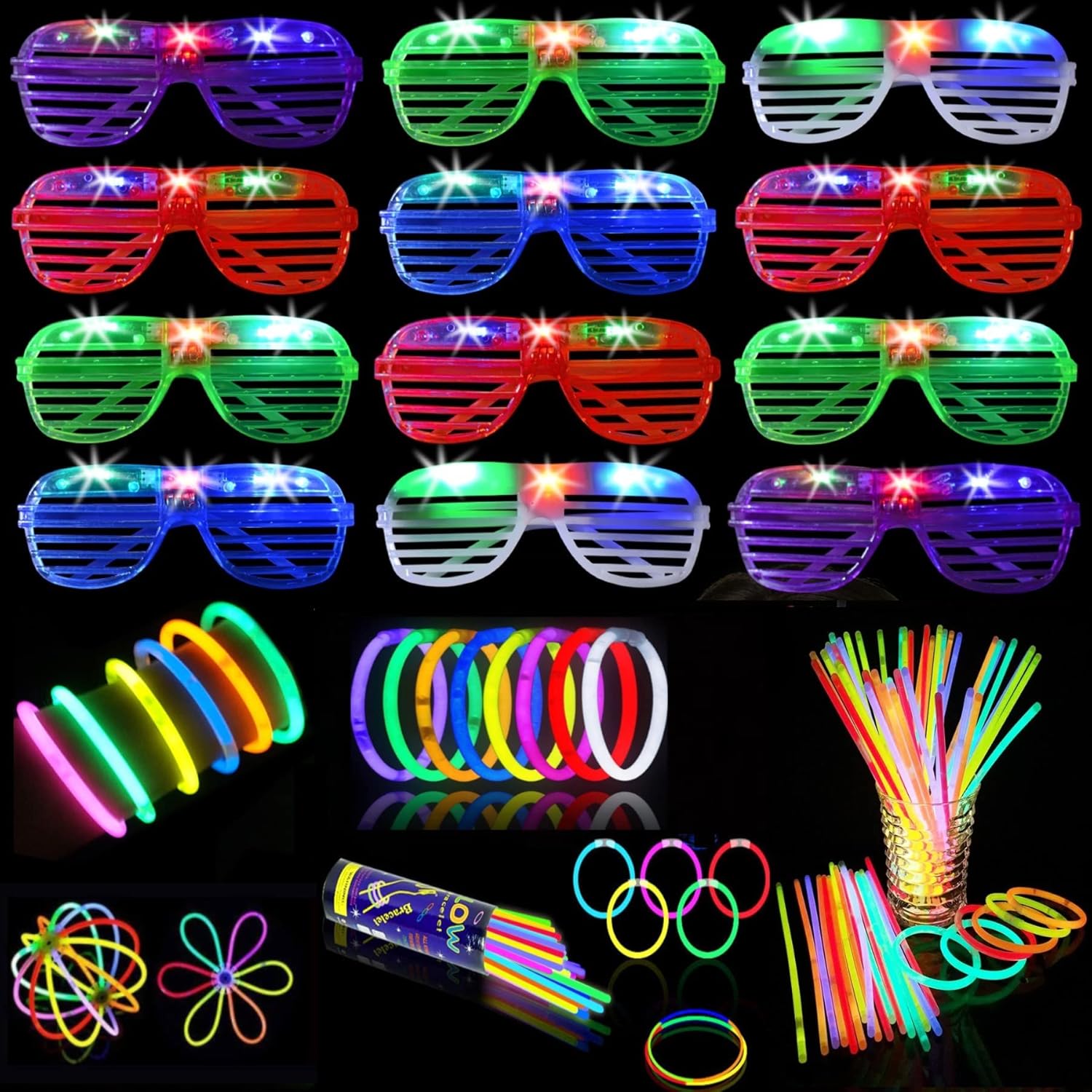 62 Pcs LED Light Up Party Favors 12 Glow Glasses with 50 Glow Sticks Necklaces Bracelets Bulk Light Up Toys for Easter 4th of July Party Favors Neon Carnival Party 2024