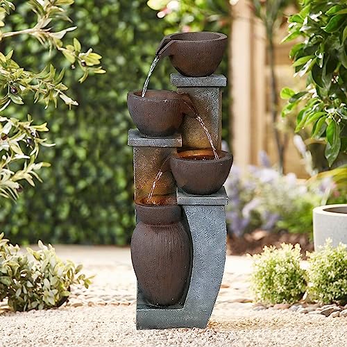 5-Tier Outdoor Floor Water Fountain - 39” High Garden Cascading Waterfall Fountain with LED Lights and Submersible Pump for Home Garden, Backyard, Patio, Deck and Porch Decor