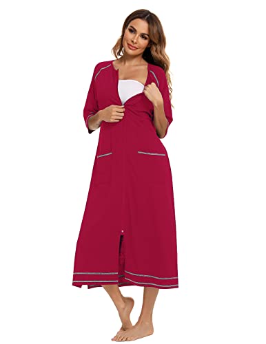 Veseacky Women Robe Zipper Front House Coat 3/4 Sleeve Nightgown Full Length Ladies Lounge Dress with Pockets S-XXL