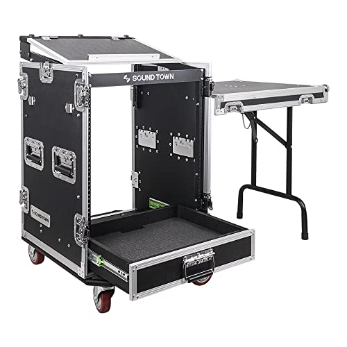 Sound Town 10U PA DJ Pro Audio Rack/Road ATA Case with 2U Drawer, 11U Slant Mixer Top, DJ Work Table, Casters, Pro Tour Grade (MR-DR10U)