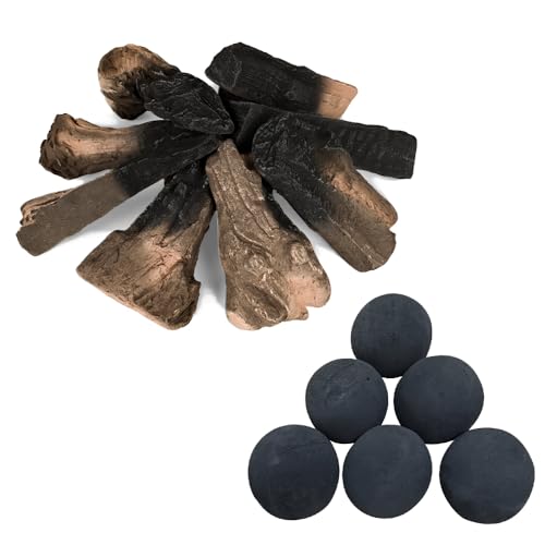Ceramic Fire Logs& Pebbles Set, Faux Ceramic Fire Logs Stones Gas Fireplace, Fake Ceramic Fiber Wood Fire Balls Decorative Landscape Stones for Gas Fire Pits Fire Bowl Fireplace Outdoor and Indoor