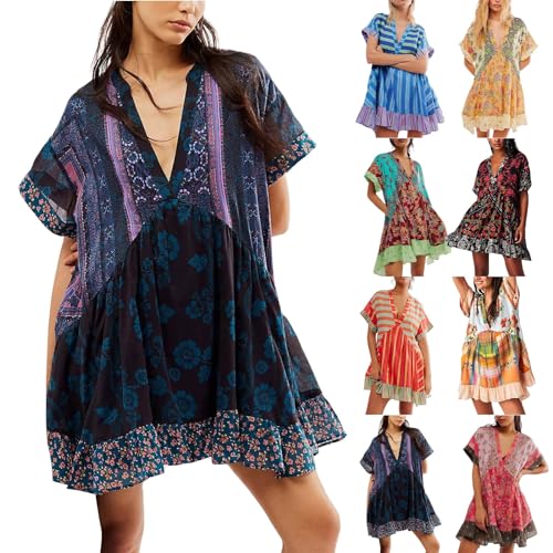 Womens Summer Dresses Boho Flowy Mini Dress Floral Patchwork Ruffle Y2k Cute Sun Dress Casual Loose V Neck Sundress