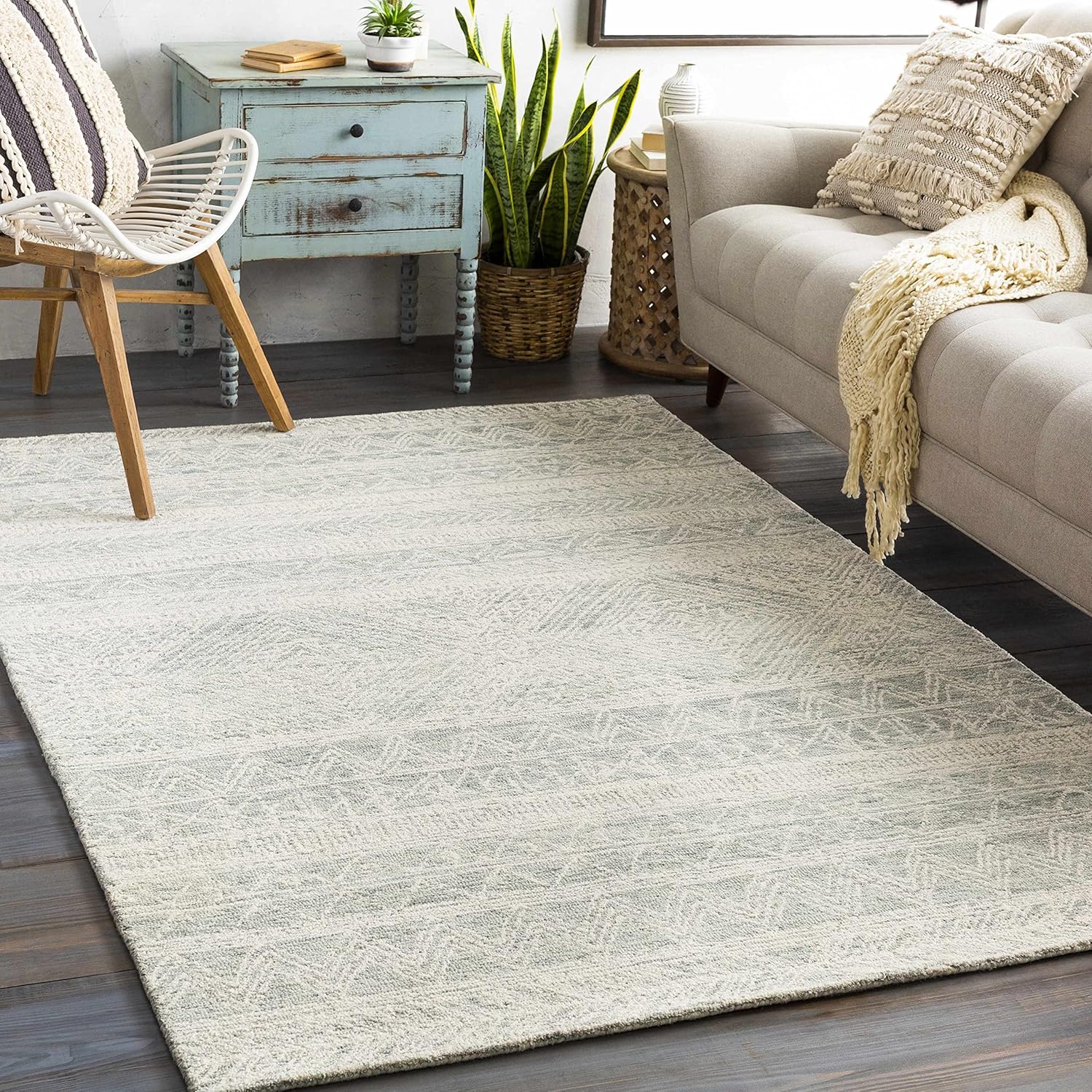 Hauteloom Grahn Wool Living Room, Bedroom Area Rug - Bohemian/Global - Green, Beige - 8' x 10'