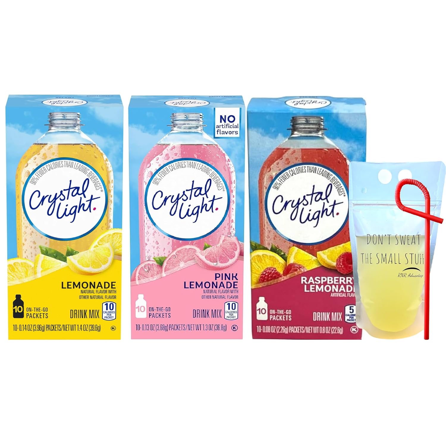Crystal Light Lemonade Variety Pack With Lemonade, Pink Lemonade, Raspberry Lemonade 10 Low Calorie Zero Sugar Packets In Each Box, 1 Box Each Flavor (3 Box Pack) Bundle with Pouch and Straw