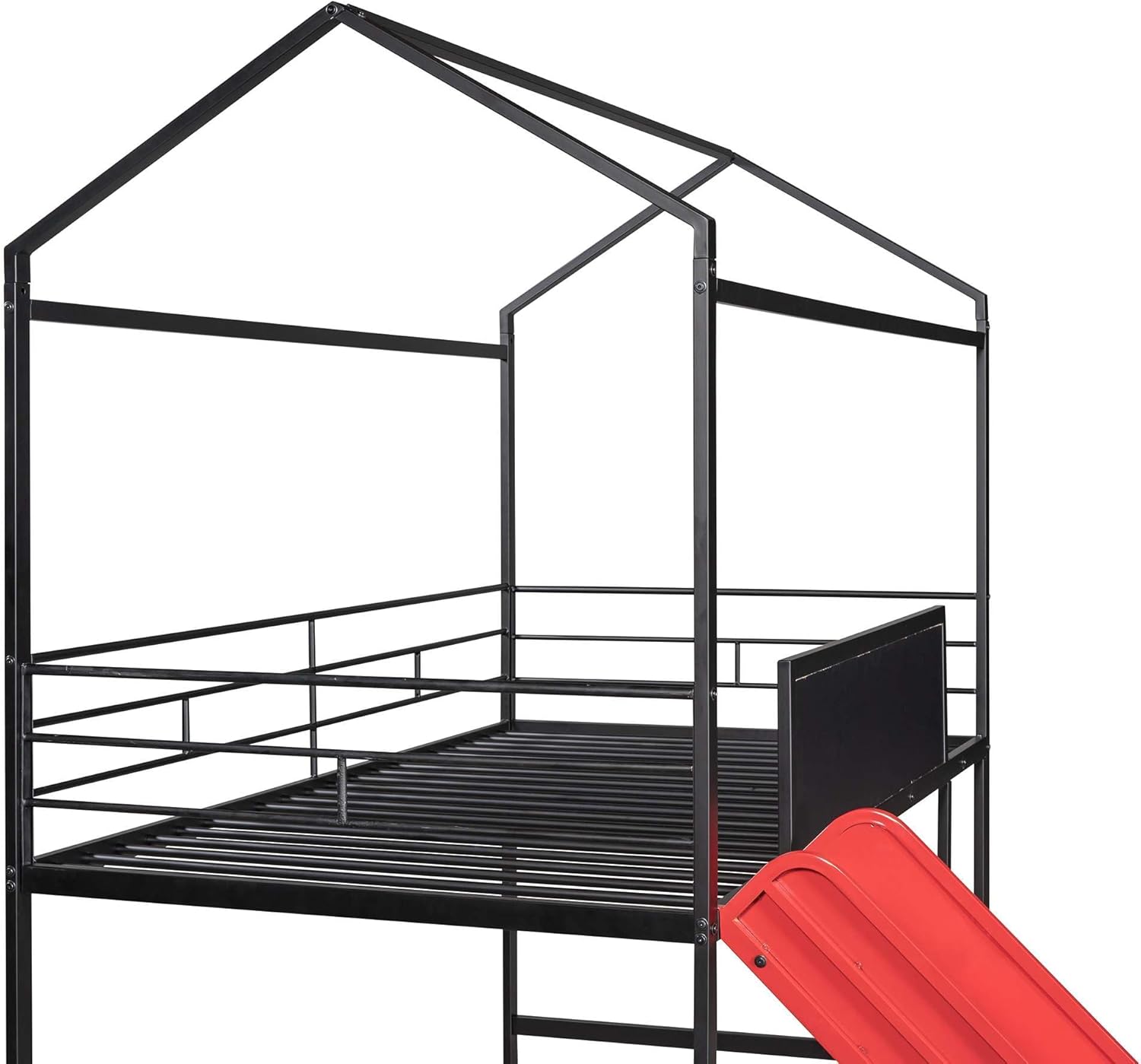 Adventure-Ready Twin Metal Loft Bed with Slide and Writable Wooden Boards in Black and Red - Create, Play, and Sleep in Style!