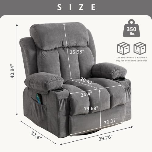 Dolonm Massage Rocker Recliner Chair with Heat, Oversize Swivel Rocking Chair with USB and 2 Cup Holders, Side Pockets, Manual Overstuffed Recliner (Fleece Fabric + Grey)
