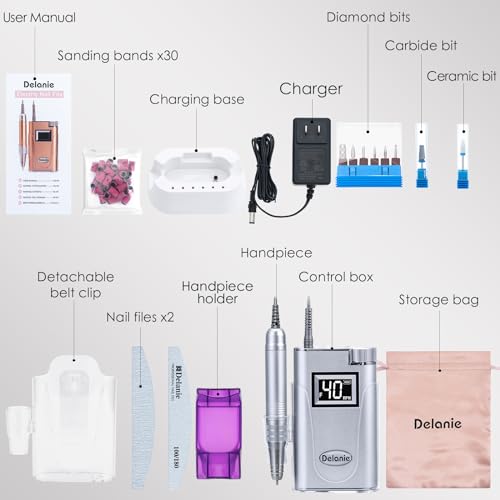 Delanie Professional Electric Nail Drill Machine 40000 RPM Rechargeable Electric Nail File E File Filer, Purple