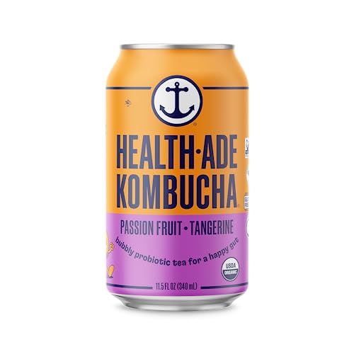 Health-Ade Canned Kombucha Tea Organic Drink, Fermented Tea with Living Probiotics, Detoxifying Acids, Supports Gut Health, Non-GMO, Vegan, Gluten Free, 12 Pack (11.5 Fl Oz Cans), Passion Fruit-Tangerine Kombucha in Cans