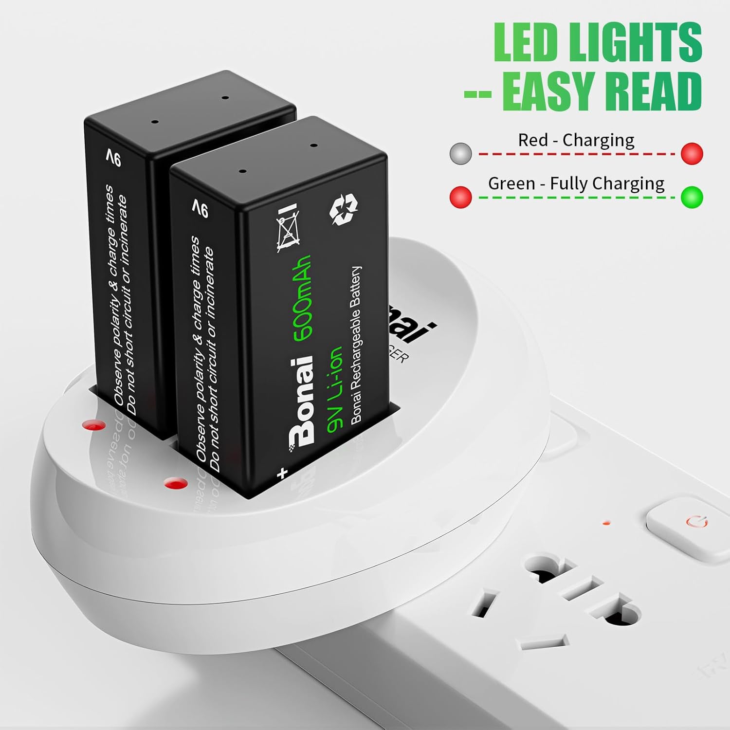 BONAI 6F22 9 Volt Rechargeable Battery(4 Pack) 600mAh Li-ion Rechargeable 9v Batteries with Charger(2 Bay) High Capacity