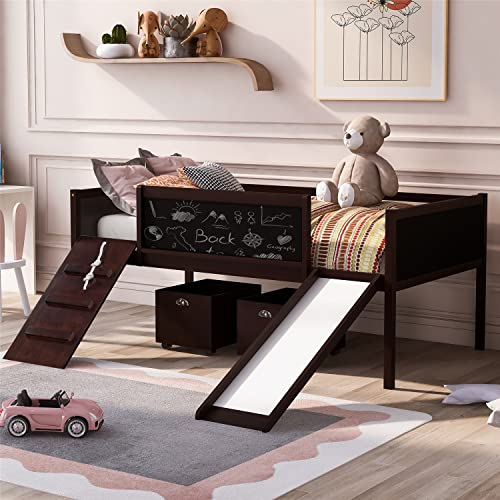 Twin Size Loft Bed with 2 Storage Boxes and Chalkboard, Wooden Loft Bed Frame with Climbing Frame, Rope & Slide, Multifunctional Loft Bed for Boys Girls, No Box Spring Needed, Espresso