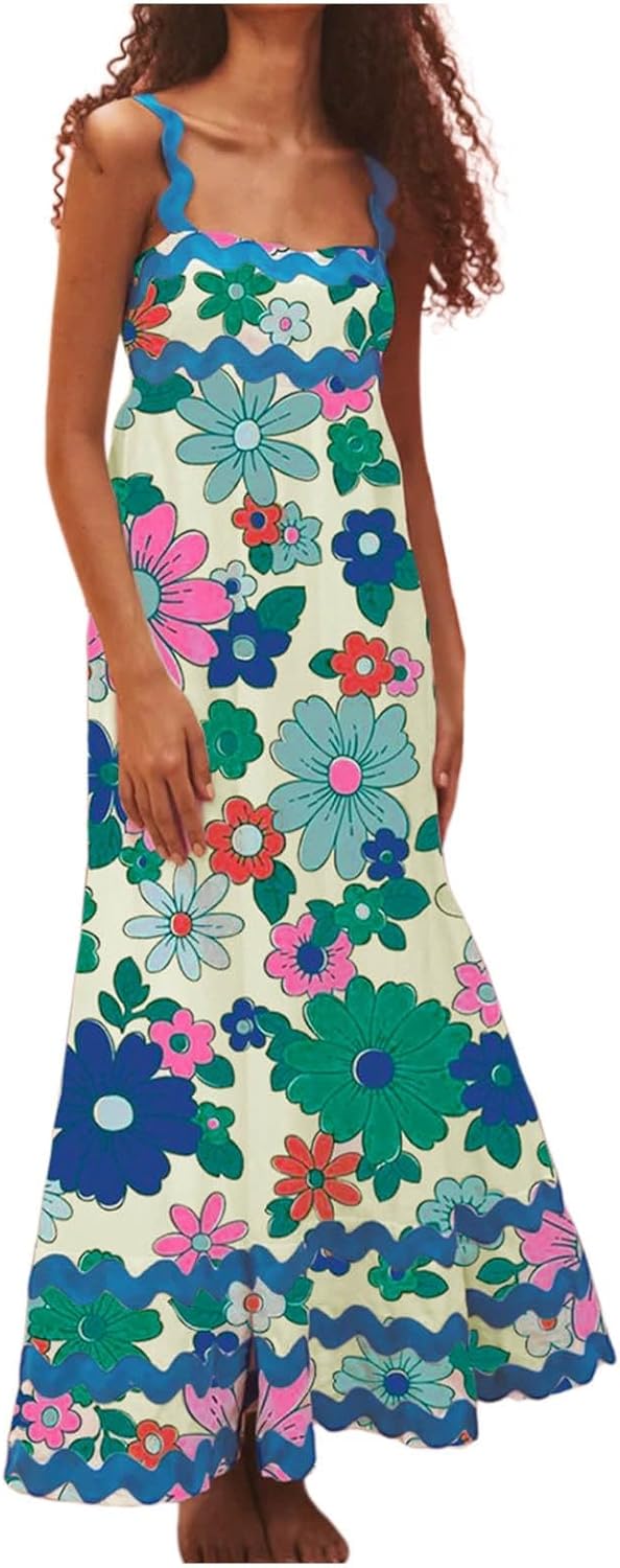 Summer Dresses for Women 2024 Spaghetti Strap Maxi Dress A Line Swing Long Cami Dress Floral Boho Beach Vacation Sundress