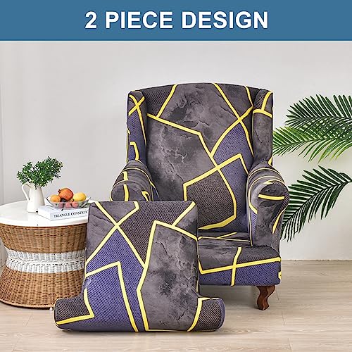 Stretch Wingback Chair Cover 2 Pieces Printed Wing Chair Slipcovers with Cushion Cover Spandex Fabric Wingback Armchair Sofa Cover Furniture Protector for Living Room Bedroom, 49
