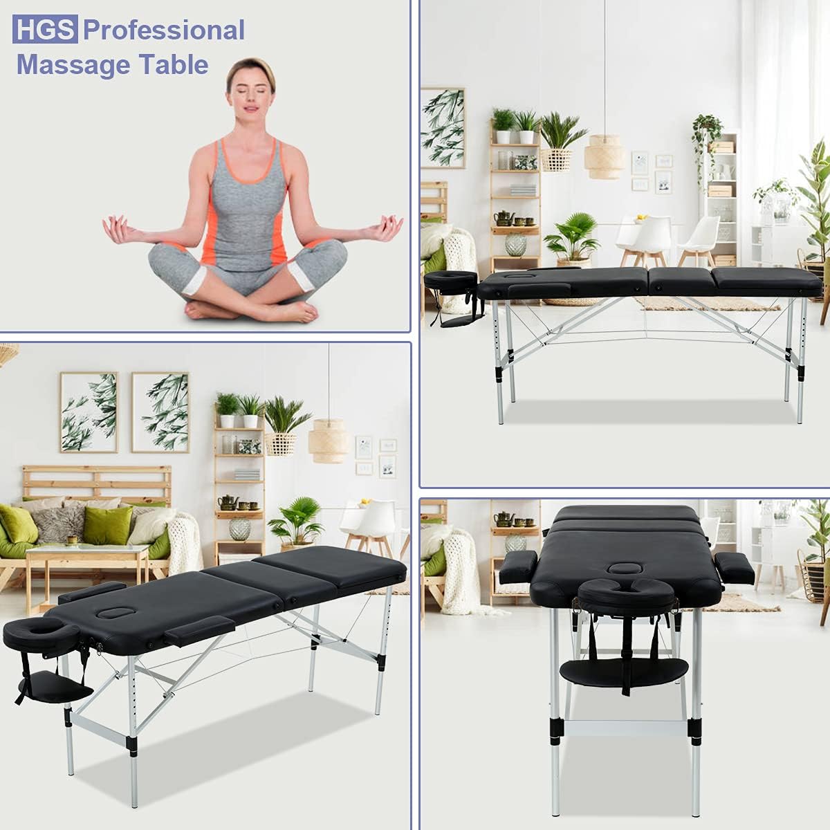 Aluminium Massage Table Portable Massage Spa Bed 3 Fold Professional Massage Salon Bed Height Adjustable Massage Beds Tattoo Bed with Metal Frame, 73 Inch Folding Massage Spa Bed, Black