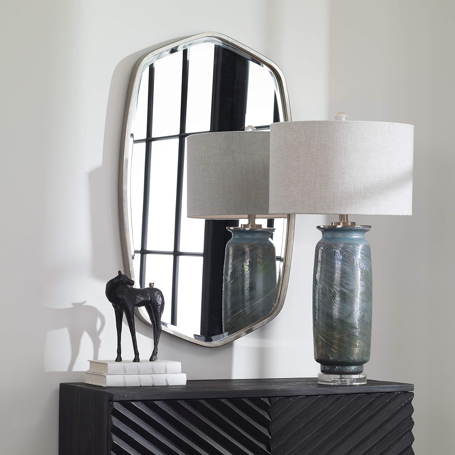 MY SWANKY HOME Luxe Silver Oval Frame Wall Mirror 36in Hexagon Vanity Minimalist Contemporary