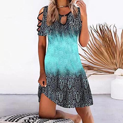 Womens Summer Dresses 2024 Casual Cold Shoulder Boho Dress Floral Short Sleeve A Line Dress Beach Party Mini Dress