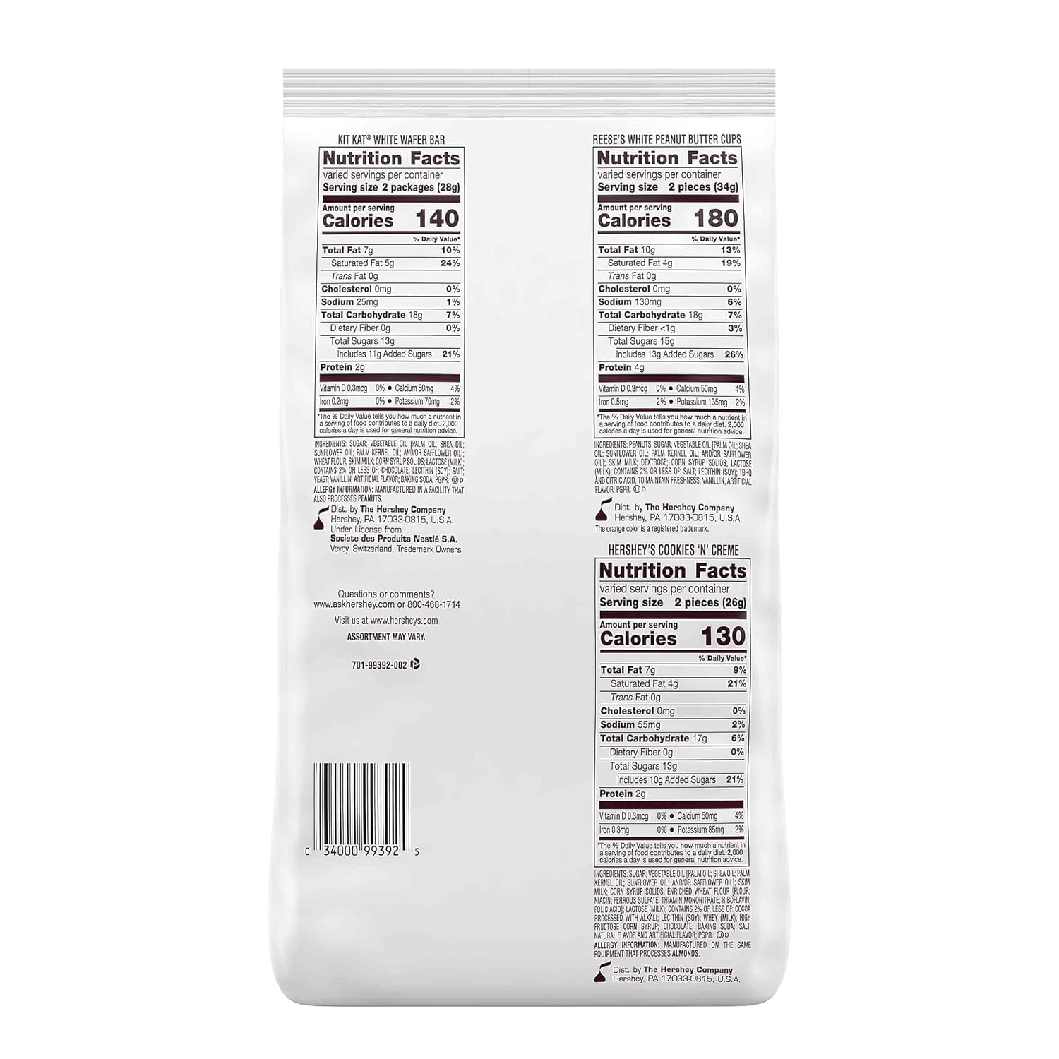 HERSHEY'S, REESE'S and KIT KAT White Crème Assortment Snack Size Candy Mix, Bulk Party Pack, 32.6 oz