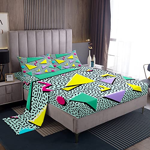 80s 90S Fashion Style Sheet Set Queen Size,Retro Memphis Style Pattern with Geometrical Shapes Bed Sheets for Kids Child,Funky Hipster Old Fashioned Fitted Sheet Geometric Bedroom Decor