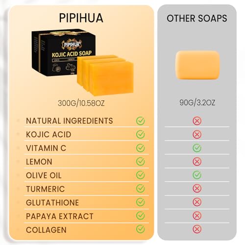 PIPIHUA Kojic Acid Soap Skin Lightening - Dark Spot Remover Turmeric Soap - Hyperpigmentation with Turmeric & Lemon & Collagen & Hyaluronic Acid & Glutathione