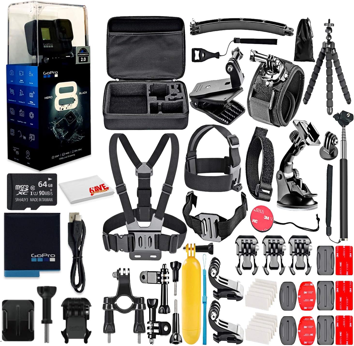 GoPro HERO8 Black Digital Action Camera - Waterproof, Touch Screen, 4K UHD Video, 12MP Photos, Live Streaming, Stabilization - with 64GB Memory Card and 50 Piece Accessory Kit - Fully Loaded Bundle