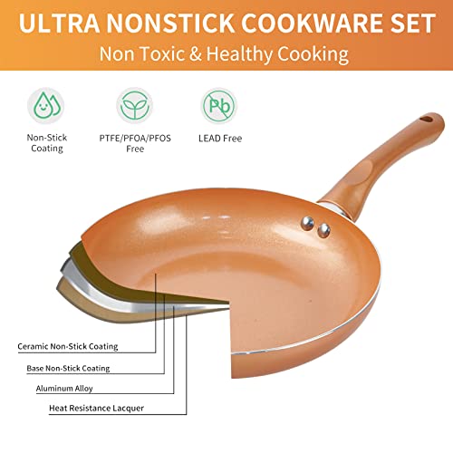 Pots and Pans Set Ultra Nonstick, Pre-Installed 11pcs Cookware Set Copper with Ceramic Coating, Stay cool handle & Nylon Kitchen Utensils, Gas/Induction Compatible, 100% PFOA Free