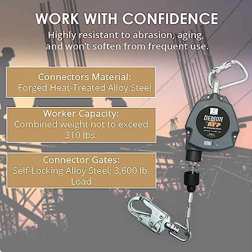 AFP Demon 11 FT Single Leg Self-Retracting Lifeline Cable Retractable | Steel Locking Pelican Rebar Hook | Safety Yoyo Fall Protection Arrest Limiter | Construction Industrial | OSHA & ANSI Rated SRL
