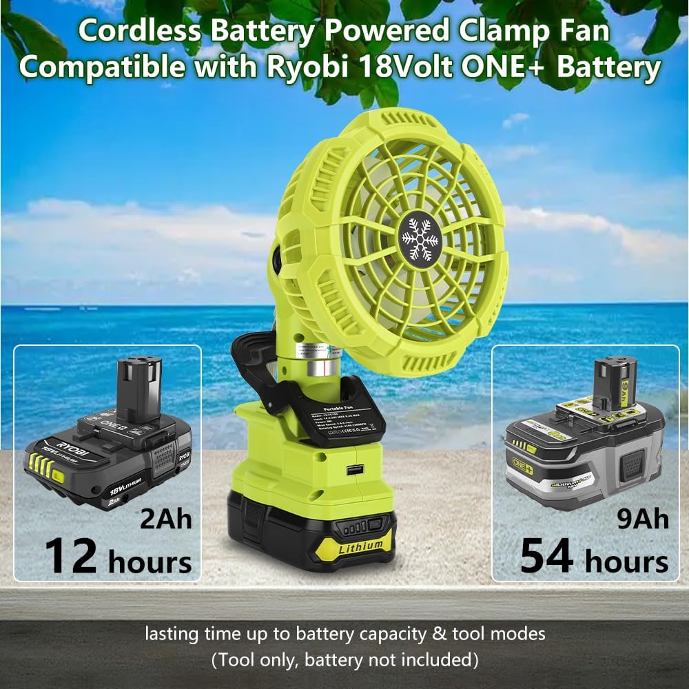 Portable Clip on Fan Cordless, Personal Battery Operated Fan for Ryobi 18V One+ Lithium Battery 3 Speed Camping Fan with USB Port 330° & 110° Pivoting Rechargeable Fan Powerful Wind