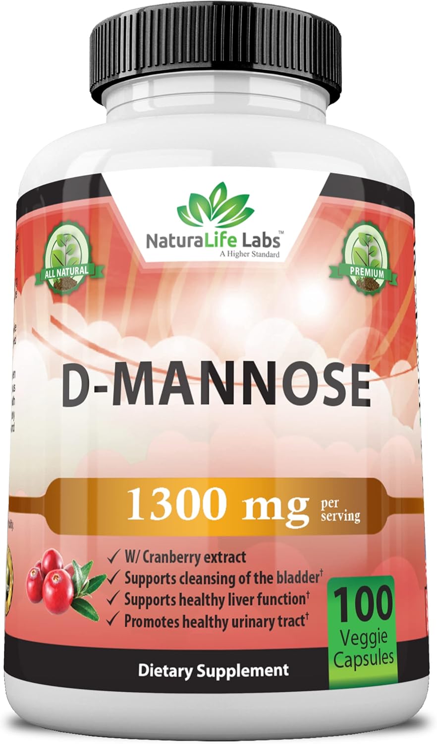 D-Mannose 1,300 mg with Cranberry Extract Fast-Acting, Flush Impurities, Urinary Tract Health- 100 Veggie Capsules