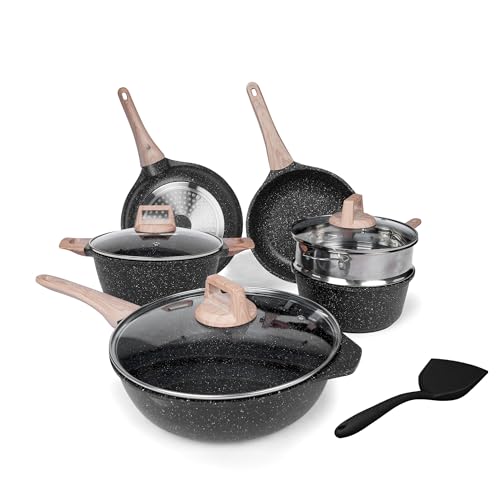 Ucclife 10pcs Pots and Pans Set Nonstick, Granite Frying Pans Induction Kitchen Cookware Sets, with Wood Print Handles Frying Pans, Saucepans, Steamer Shovel Spoon, Beige