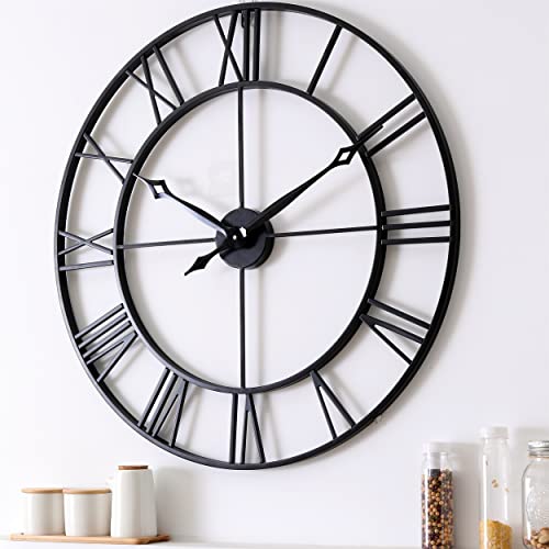 24 Inch Wall Clocks for Living Room Decor, Large Black Metal Roman Numeral Wall Clock,Decorative Wall Clocks,Battery Operated Silent Wall Clocks for Modern Farmhouse Home Decor