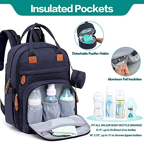 BabbleRoo Baby Diaper Bag Backpack - Waterproof Travel Tote with Changing Pad, Stroller Straps & Pacifier Case - Unisex, Navy Blue