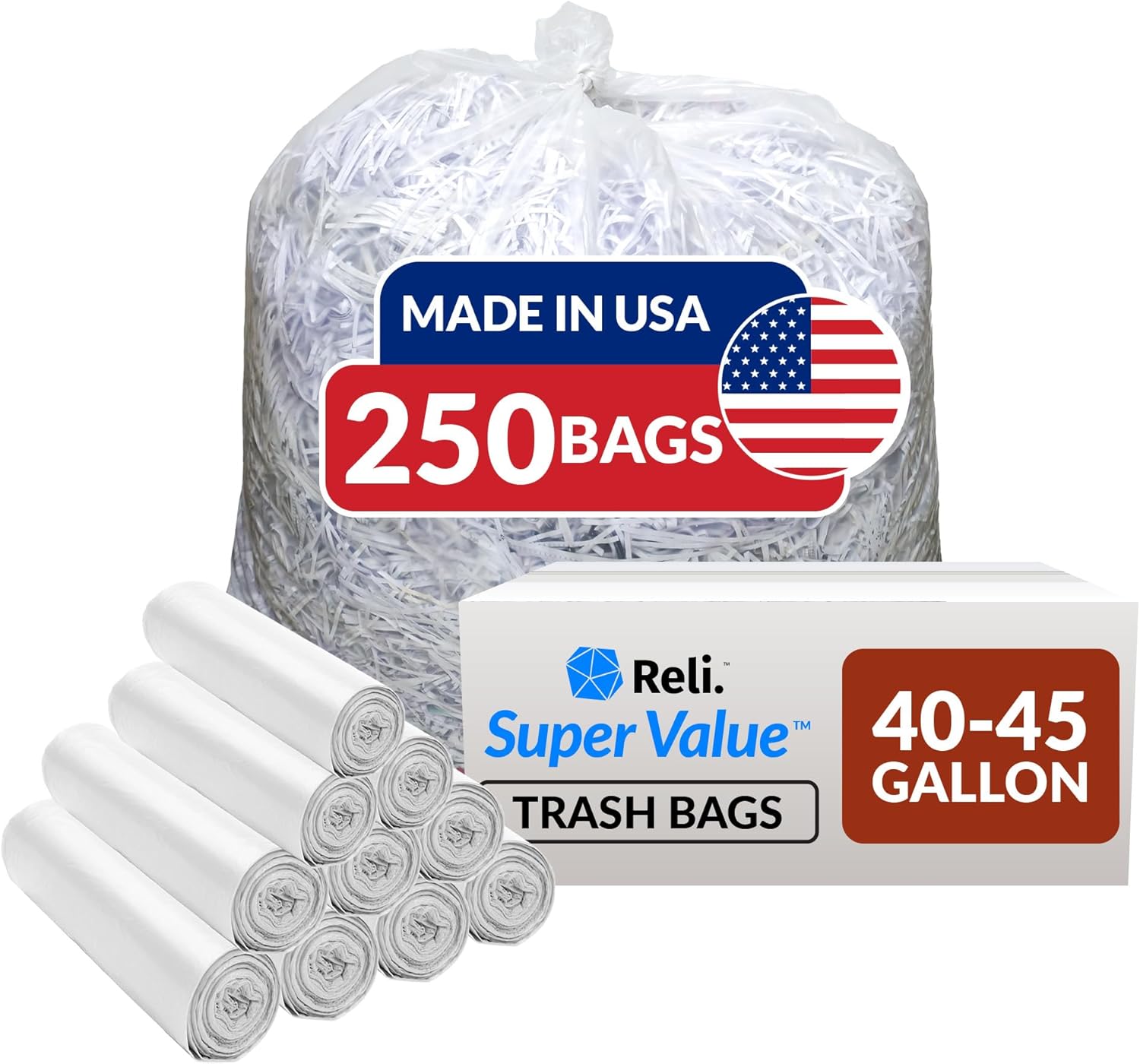 Reli. SuperValue 40-45 Gallon Trash Bags | 250 Count | Made in USA | Heavy Duty | Bulk | Clear Multi-Use Garbage Bags