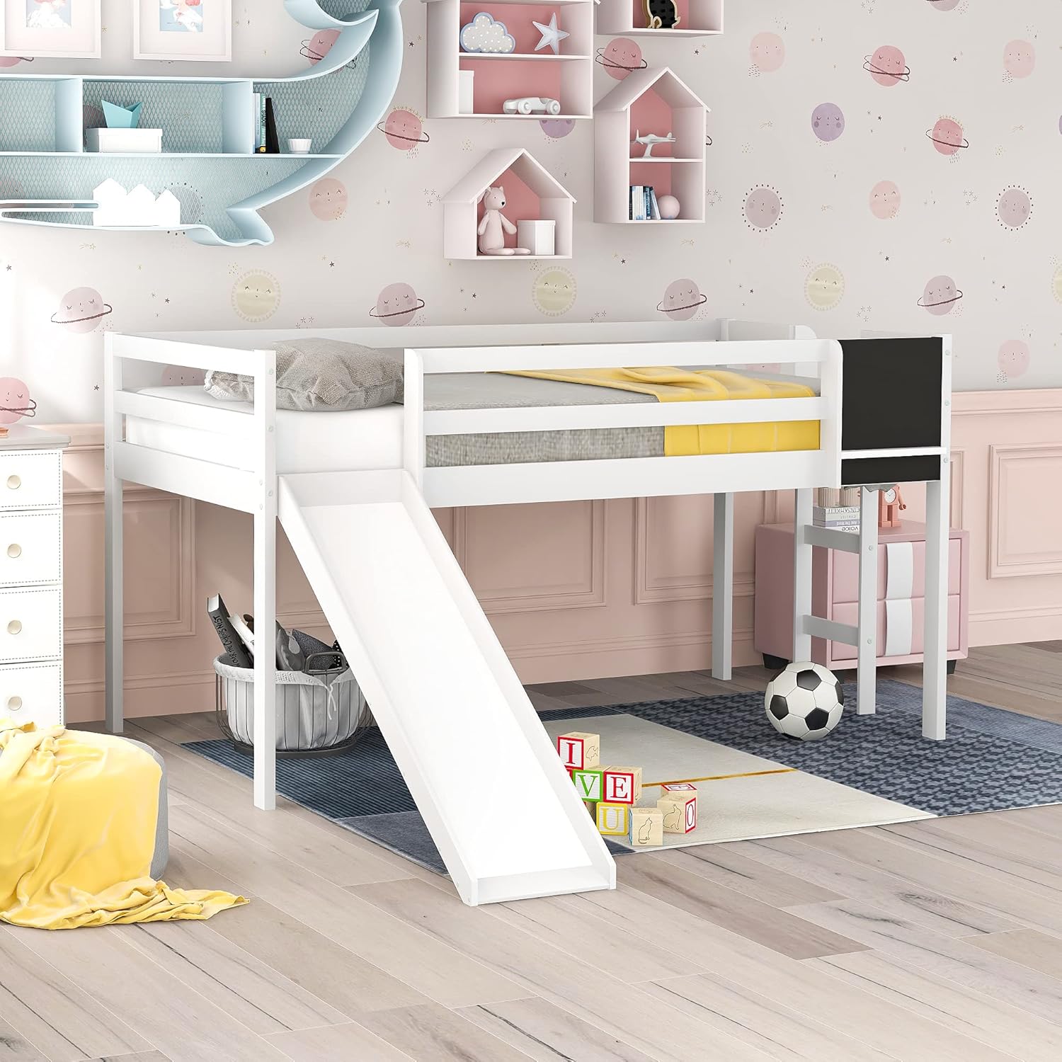 Wonderful White Twin Loft Bed with Slide, Stair and Chalkboard