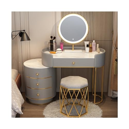 Vanity Table White Vanity Set Makeup Vanity Desk with Round Mirror, White Vanity Makeup Table Girls and Women Vanity Table for Bedroom with Lots Storage Dressing Table(D,120cm)