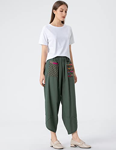 Minibee Women's Baggy Linen Wide Leg Trousers Casual Patchwark Elastic Waist Harem Pants