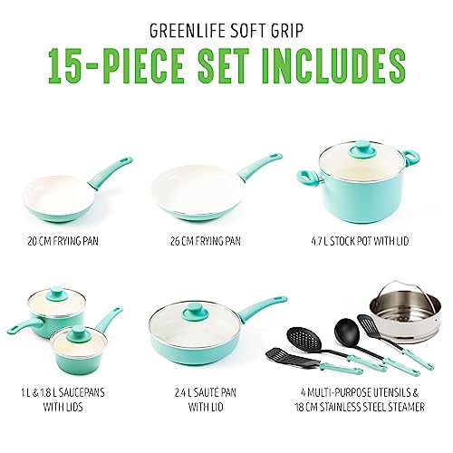 GreenLife Soft Grip, 15 Piece Cookware Set, Turquoise